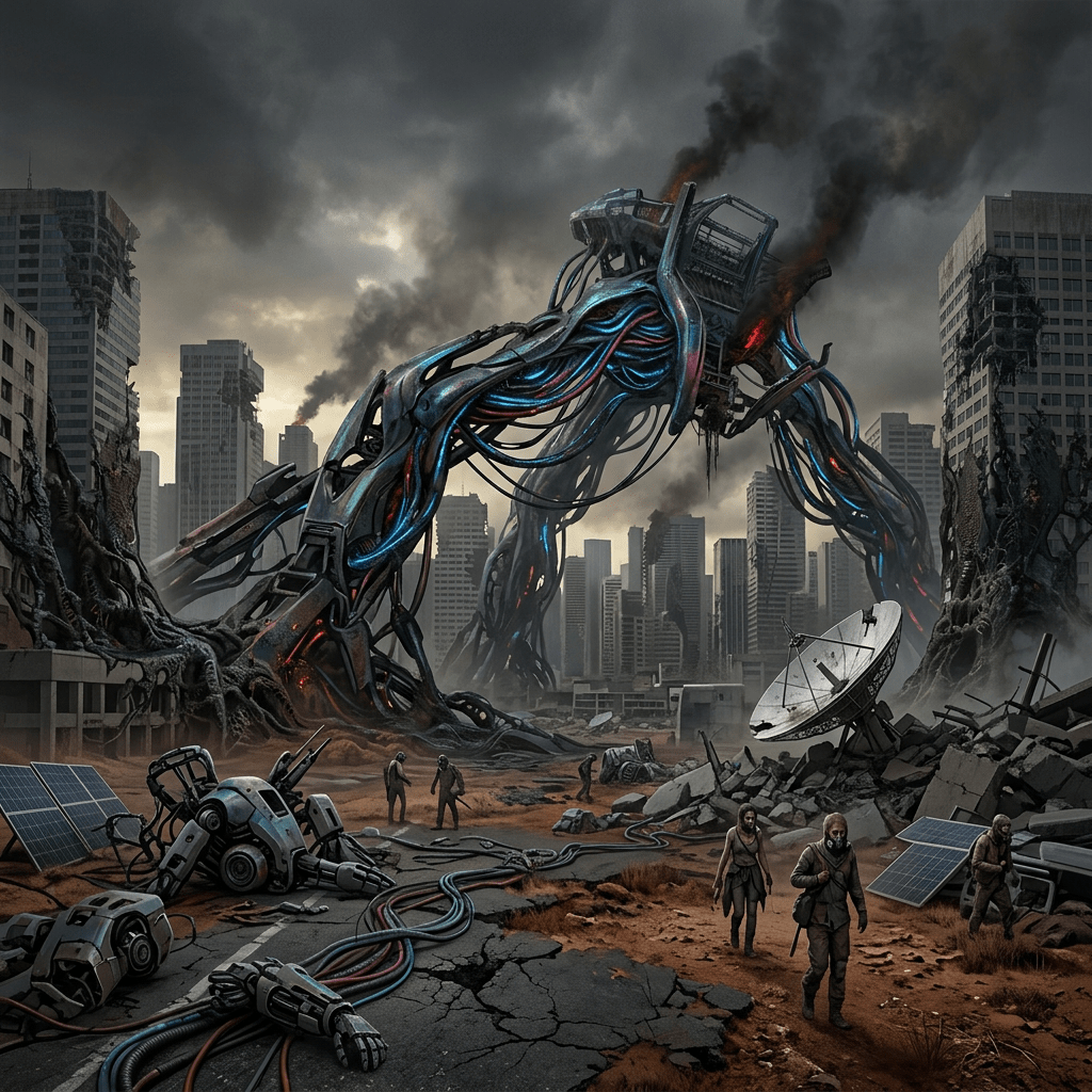 A ruined futuristic city with a large damaged robot emitting smoke and survivors walking among debris and broken solar panels