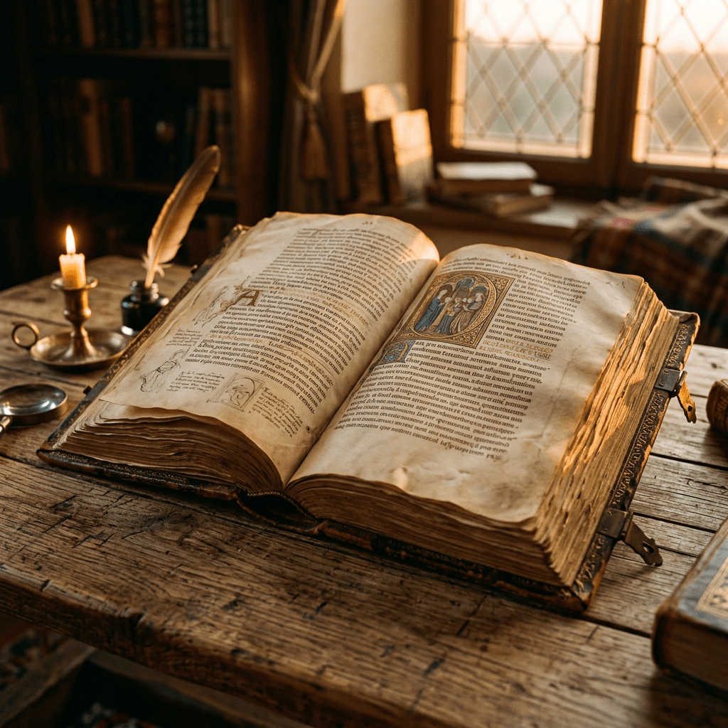 Open medieval illuminated manuscript with Latin text and colorful illustration on rustic wooden desk