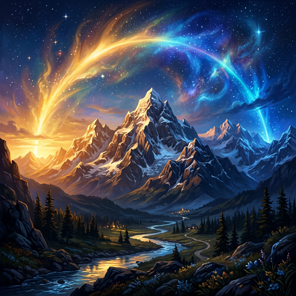 Snow-capped mountains with a winding river beneath a sky showing a fiery sun on one side and a glowing blue moon on the other