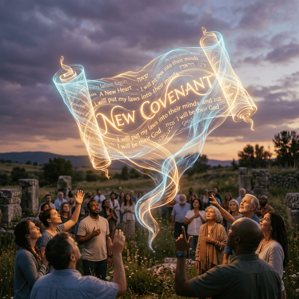 People reaching toward a glowing holographic scroll titled New Covenant outdoors at sunset