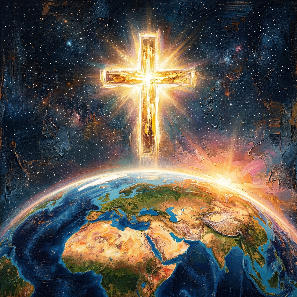 Glowing golden cross above Earth with star-filled space background