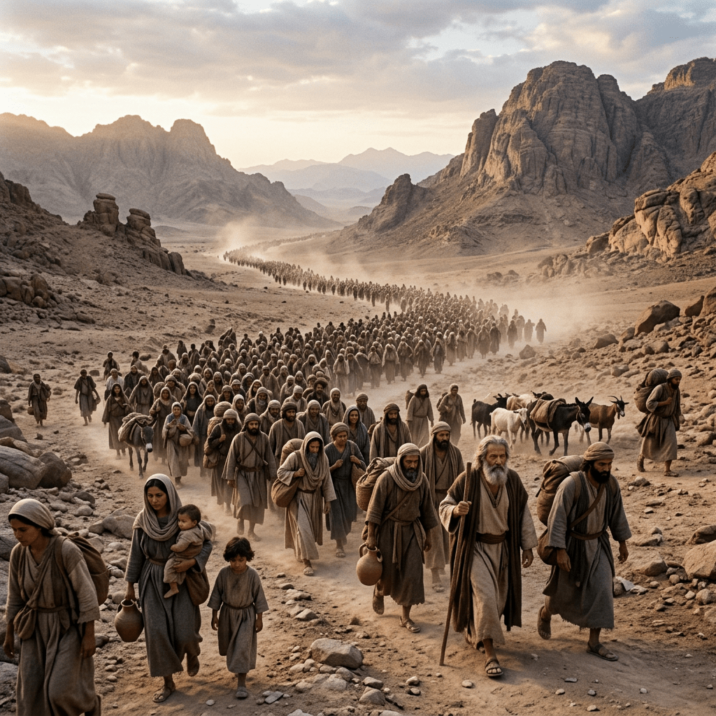 Large group of robed people walking through desert valley with mountains