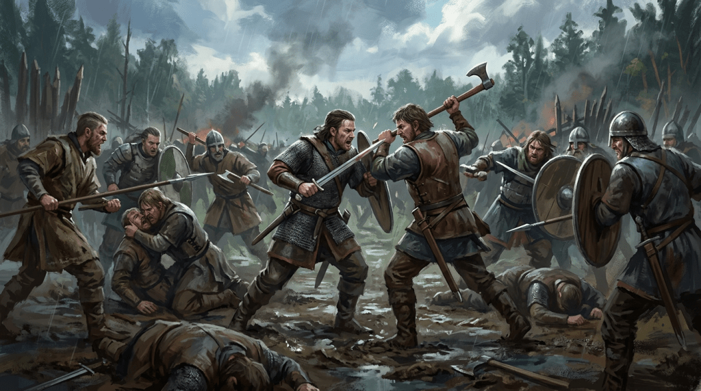 Two medieval warriors fighting with sword and axe amid a muddy battlefield and other soldiers in armor.