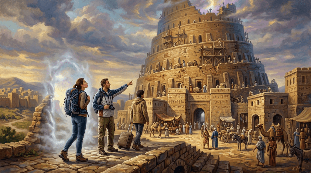 Three travelers with backpacks and luggage entering an ancient city with a massive tower and many people around