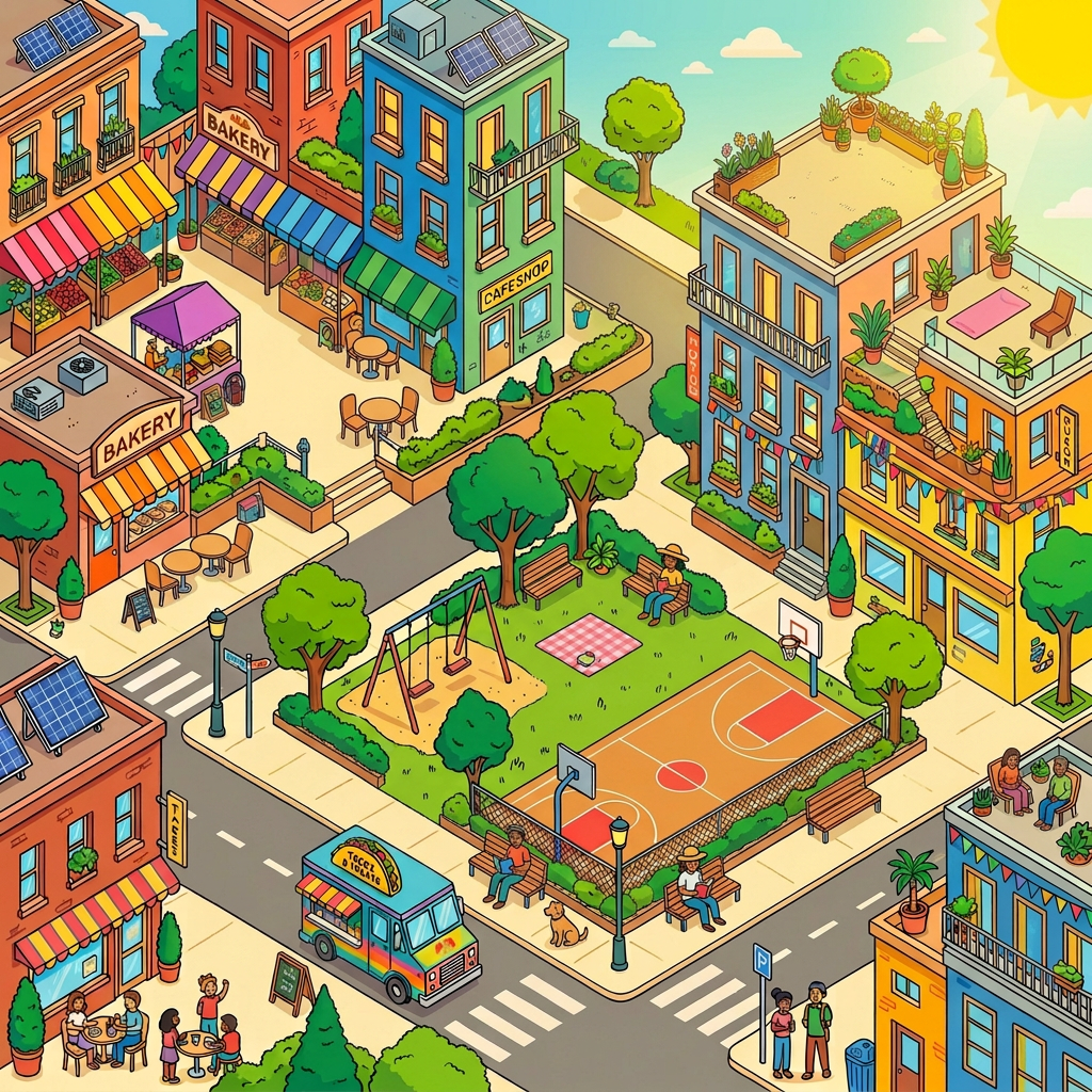 Urban neighborhood scene with park, basketball court, street vendors, and rooftop gardens