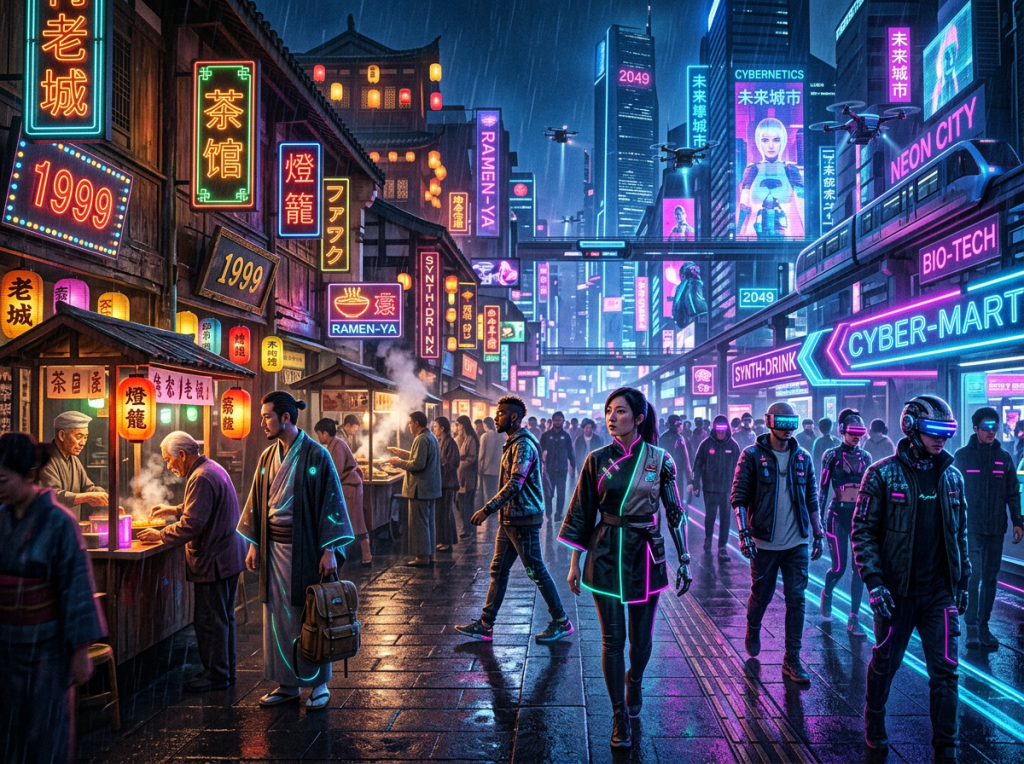 Cyberpunk city street with neon signs, traditional shops, and people in futuristic and traditional attire.