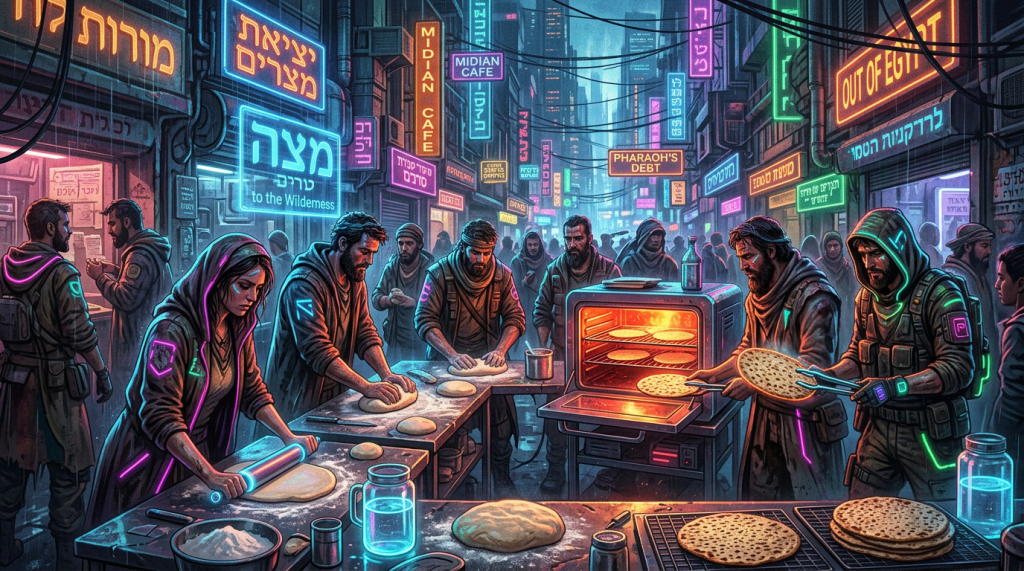 Group of people baking flatbreads in a neon-lit futuristic street market