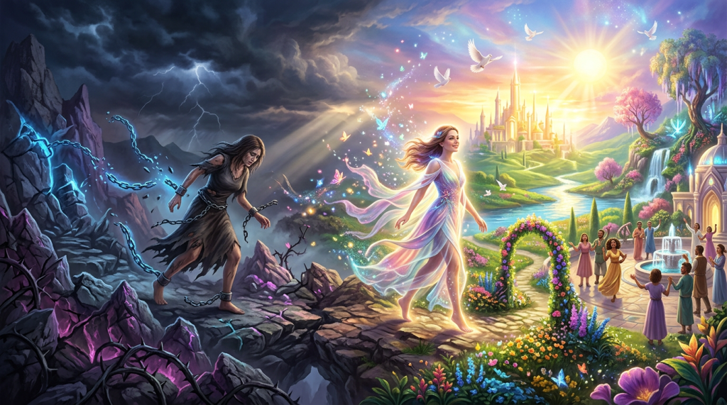A chained woman leaving a dark rocky area and a glowing woman walking into a bright, colorful kingdom with flowers