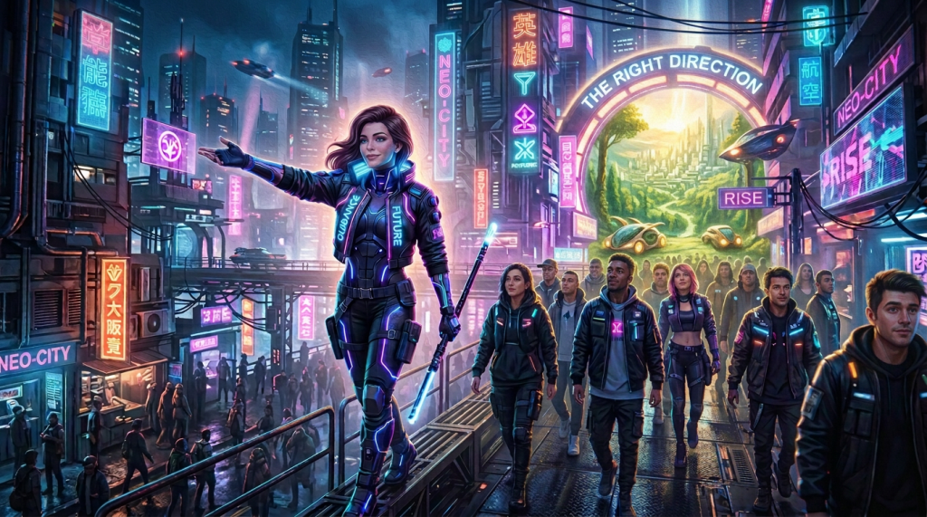 Group of people walking through a neon-lit futuristic city, led by a person in illuminated cyberpunk attire pointing forward